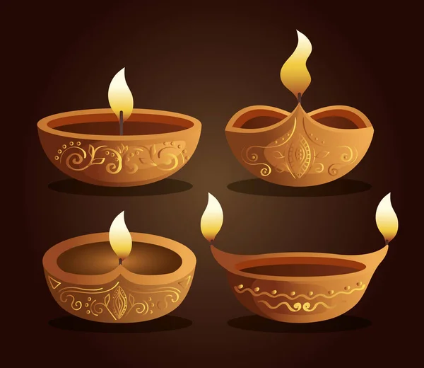 Happy diwali diya candles set on brown background vector design — Stock Vector