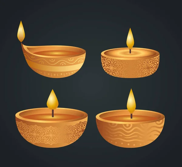 Happy diwali diya candele set progettazione vettoriale — Vettoriale Stock