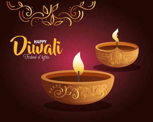 Candele diwali diya felici con ornamento su sfondo viola disegno vettoriale — Vettoriale Stock