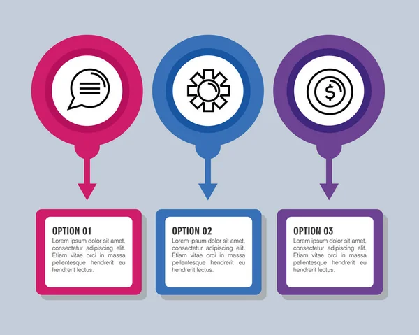 Passos infográficos engrenagem bolha e design de vetor de moeda — Vetor de Stock