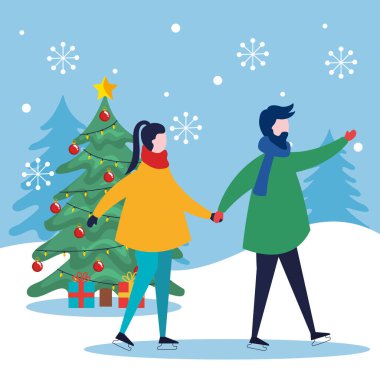 Mutlu noeller kadın ve erkek el ele tutuşuyor ve çam ağacı tasarımı