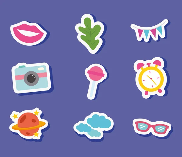 Pegatinas lindo estilo plano conjunto iconos vector de diseño — Archivo Imágenes Vectoriales