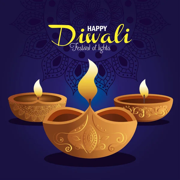 Velas diwali diya felizes com mandala no projeto de vetor de fundo azul — Vetor de Stock