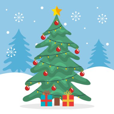 Mutlu noel çam ağacı hediyeler ve kar taneleri vektör tasarımı