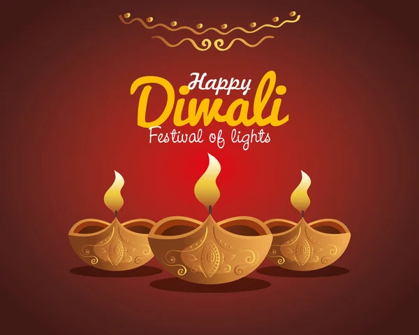 Ευτυχισμένα κεριά diwali diya με στολίδι σε κόκκινο φόντο διάνυσμα σχεδιασμό — Διανυσματικό Αρχείο