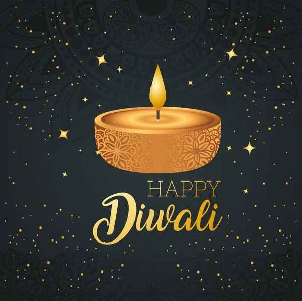 Diwali feliz com vela diya e design de vetor estrelas — Vetor de Stock