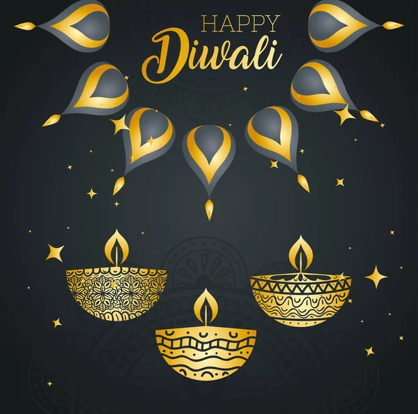 Diwali feliz com velas diya e design vetorial de pétalas — Vetor de Stock