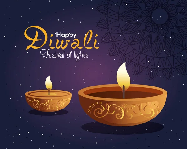 Szczęśliwy Diwali Diya świece z mandali i gwiazd na fioletowym tle wektor projektu — Wektor stockowy