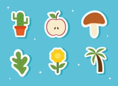 Şirin çıkartmalar düz stil sembolleri vektör tasarımını ayarlar