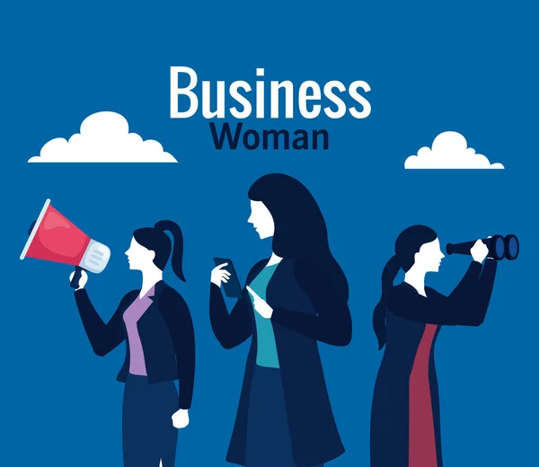 Geschäftsfrauen mit Megafon-Smartphone-Fernglas und Wolken auf blauem Hintergrund — Stockvektor