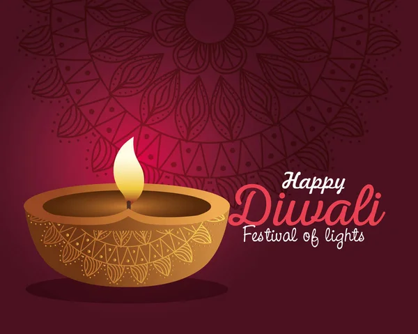 Szczęśliwy Diwali Diya świeca z mandali na fioletowy wektor tła projektu — Wektor stockowy