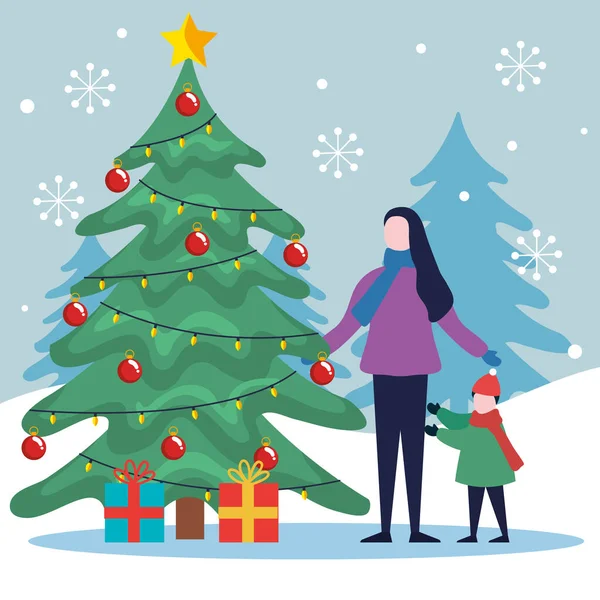 Vrolijk kerstfeest moeder en dochter met dennenboom en geschenken vector ontwerp — Stockvector