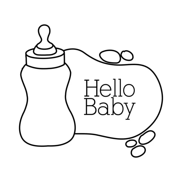 Baby douche frame kaart met melk fles en hallo baby belettering lijn stijl — Stockvector