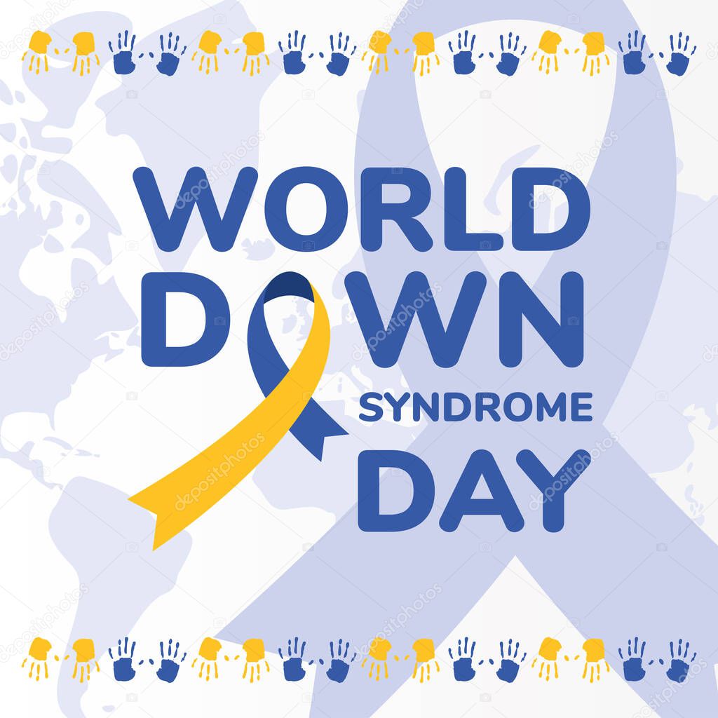 world down syndrome day ribbon and hand prints vector design