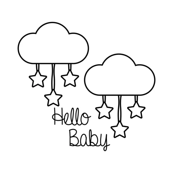 Baby shower καρέ με σύννεφα και hello baby lettering γραμμή στυλ — Διανυσματικό Αρχείο