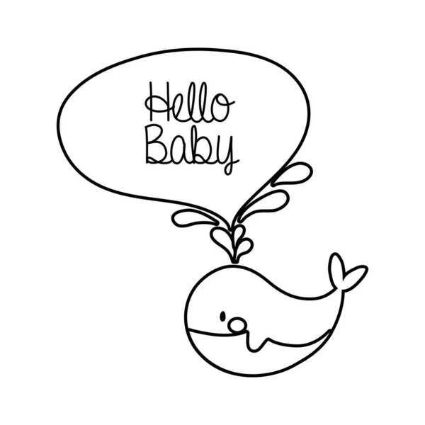 Baby shower frame card with whale and hello baby line style — Stock Vector