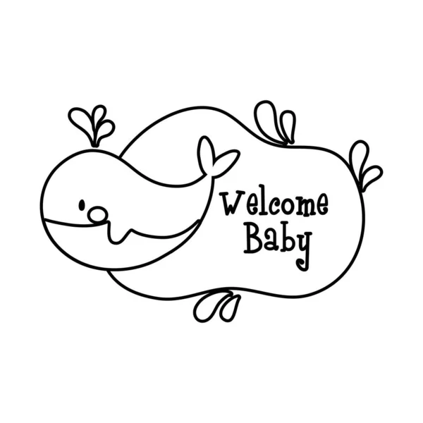 Bebek duş çerçeveli balina ve bebek harfleri tarzında hoş geldin kartı — Stok Vektör