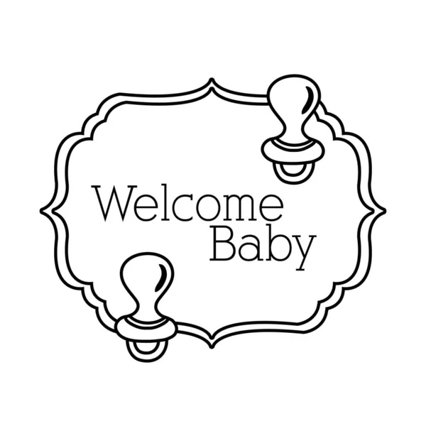 Tarjeta de marco de ducha de bebé con chupetes y estilo de línea de letras de bebé bienvenido — Vector de stock