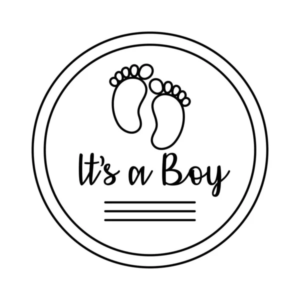 Baby shower frame card with foot print and lettering its a boy line style — Stock Vector