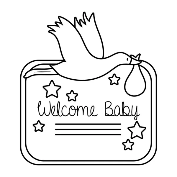 Baby shower frame card con cicogna e benvenuto baby lettering line style — Vettoriale Stock