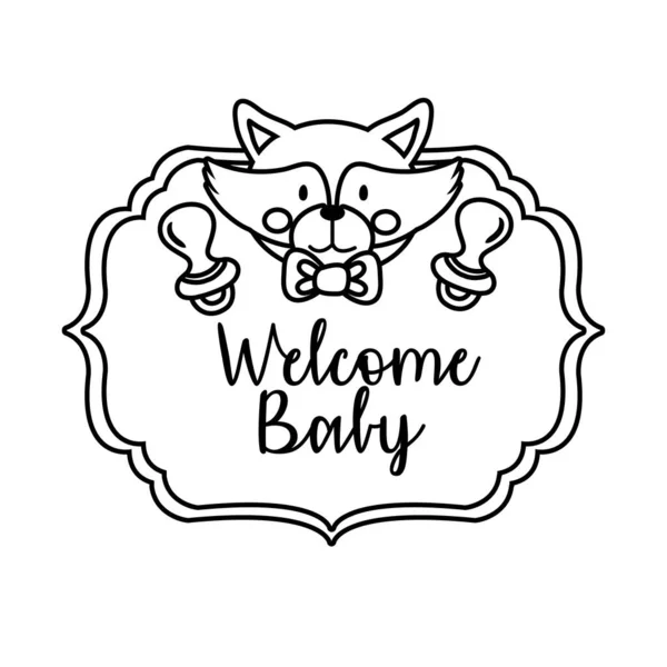 Tarjeta de marco de ducha de bebé con mapache y estilo de línea de letras de bebé bienvenido — Vector de stock
