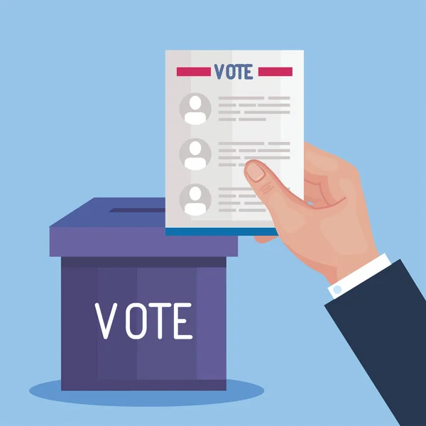 Dia da eleição mão segurando voto presidentes papel e box vector design — Vetor de Stock