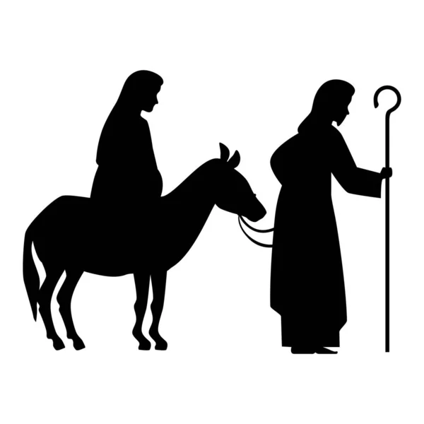 Frohe Weihnachten Maria schwanger auf Esel und Josep Silhouette Vektor-Design — Stockvektor