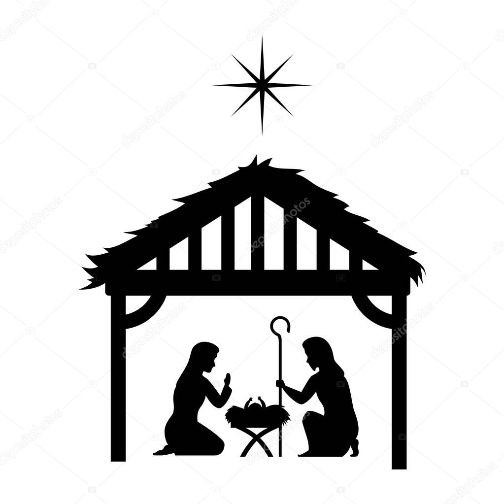 merry christmas mary joseph and baby jesus under hut silhouette vector design
