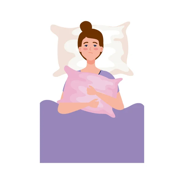 Femme sur lit tenant oreiller avec conception vectorielle insomnie — Image vectorielle