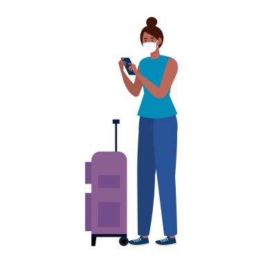 Maskeli, seyahat çantalı ve akıllı telefon vektör tasarımlı yeni bir siyah kadın.