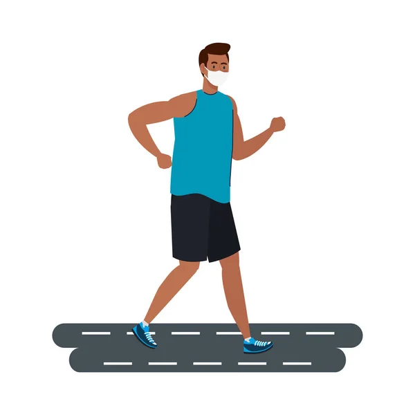Νέο φυσιολογικό του ανθρώπου με μάσκα τρέχει στο δρόμο διανυσματικό σχεδιασμό — Διανυσματικό Αρχείο