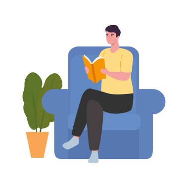 Adam sandalye vektör tasarımı üzerine bir kitap okuyor.