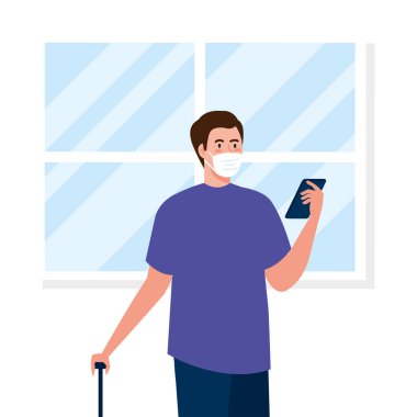 Maskeli, seyahat çantalı ve akıllı telefon vektör tasarımlı yeni normal insan.