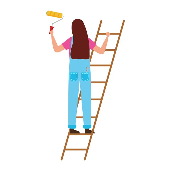 Mulher pintor com rolo e design de vetor escada —  Vetores de Stock