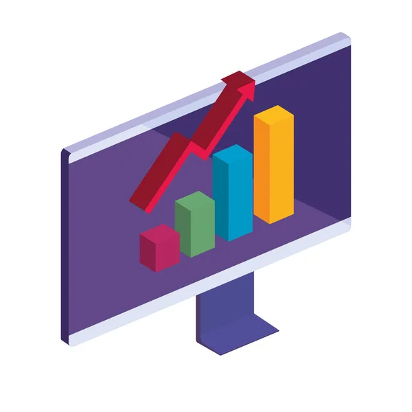 Gráfico de barras com seta de aumento no projeto do vetor 3d do computador —  Vetores de Stock