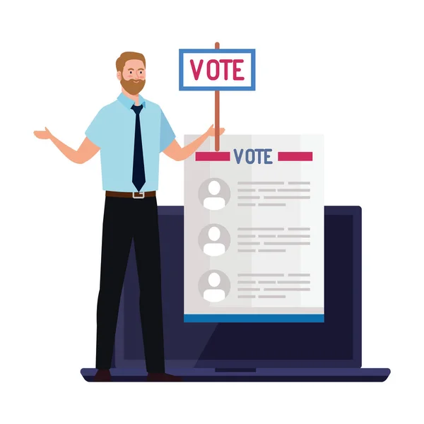 Papier de vote et homme avec bannière sur la conception de vecteur d'ordinateur portable — Image vectorielle
