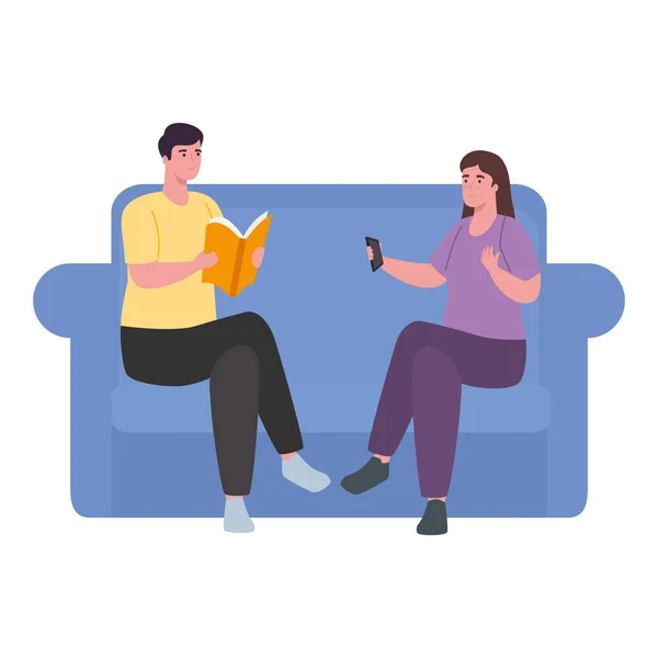 Hombre leyendo un libro y una mujer en el diseño de vectores de sofá — Vector de stock