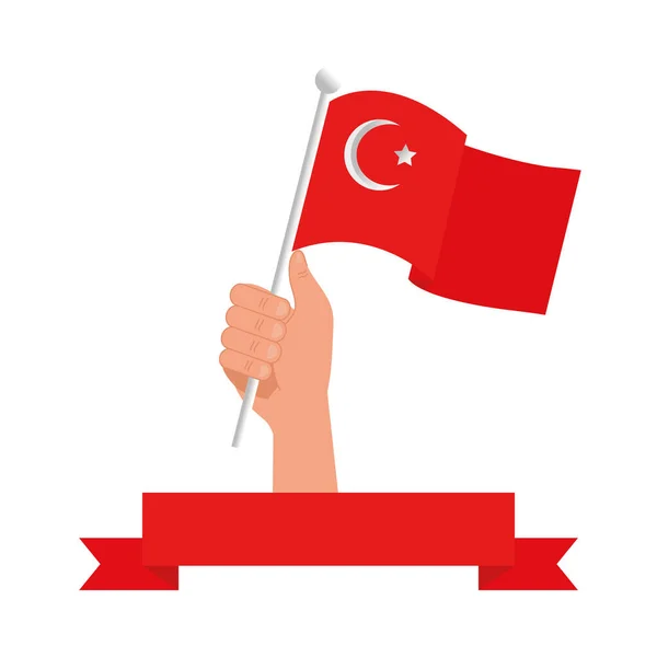 Hand hält türkische Flagge mit Schleifen-Vektor-Design — Stockvektor