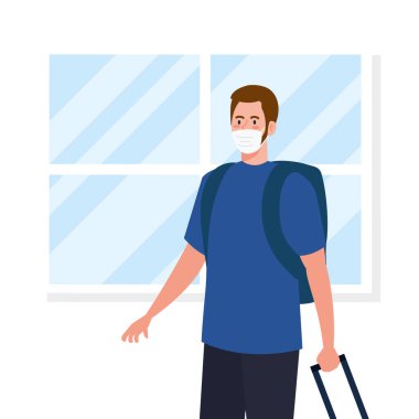 Pencere vektör tasarımının önünde maskeli ve seyahat çantalı yeni normal insan