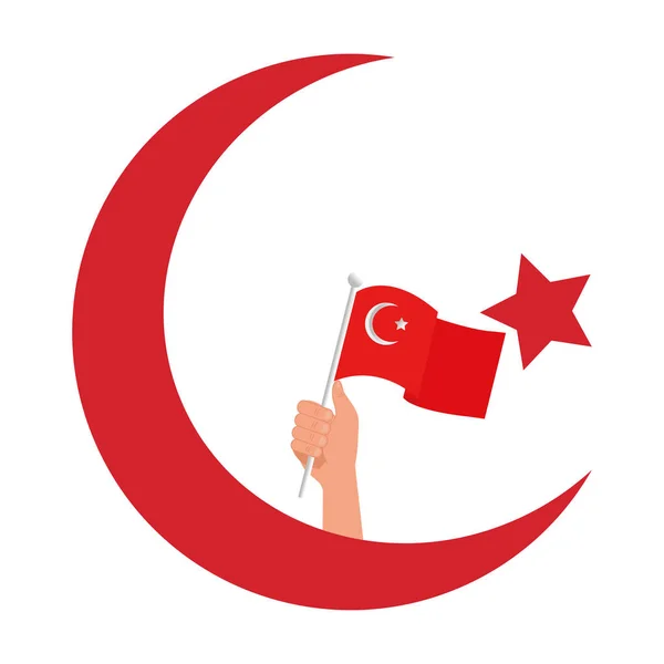 Ruka drží tureckou vlajku na měsíci s hvězdným vektorem designu — Stockový vektor