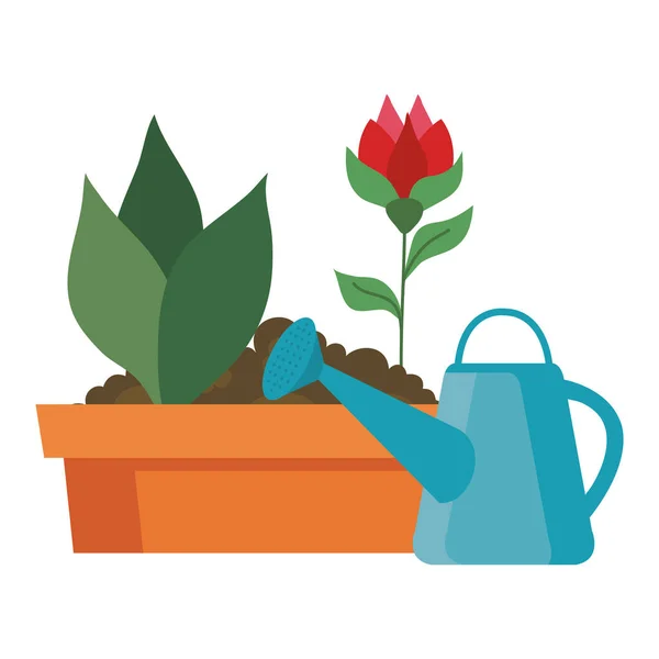 Gardening plant and flower inside pot and watering can vector design — Stock Vector