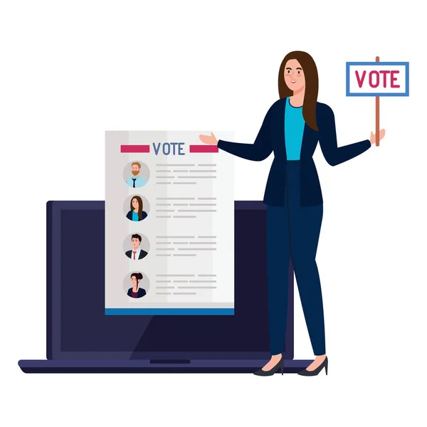 Vota carta e donna con banner sul design vettoriale del laptop — Vettoriale Stock