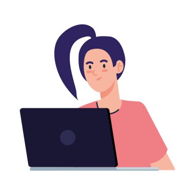 Dizüstü bilgisayar vektör tasarımlı kadın çizgi filmi