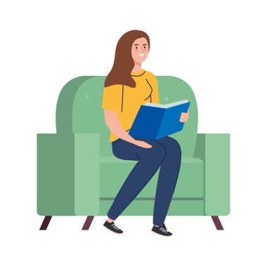 Kadın koltukta oturmuş kitap vektörü tasarımı okuyor.