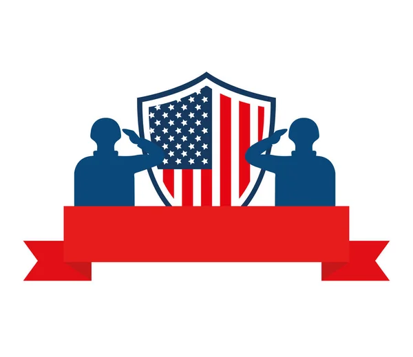Soldats militaires hommes avec drapeau américain bouclier sur ruban vectoriel design — Image vectorielle