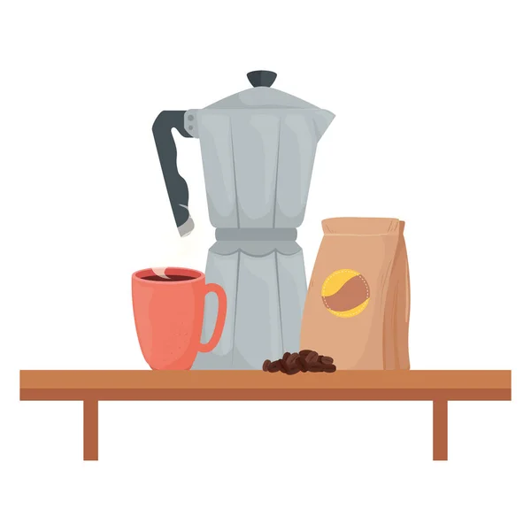 Кофе-бобы мешок мока горшок и кружка на полке векторный дизайн — стоковый вектор