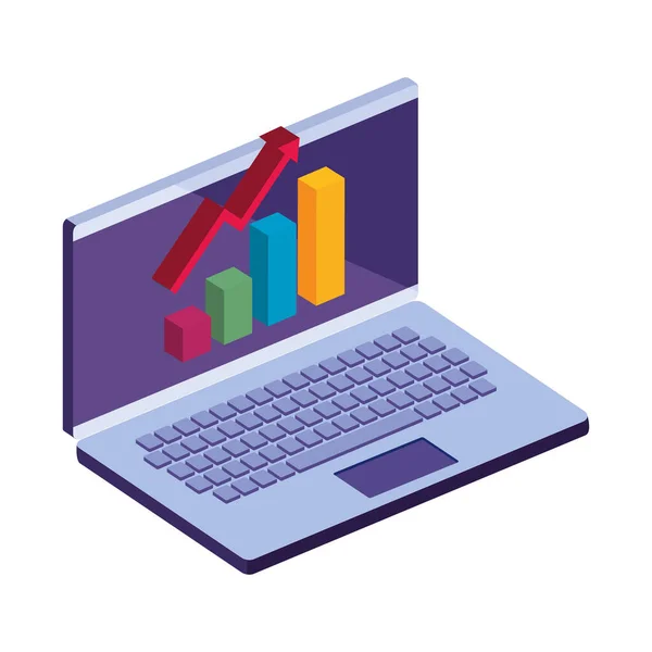 Gráfico de barras com seta de aumento no projeto do vetor 3d laptop —  Vetores de Stock