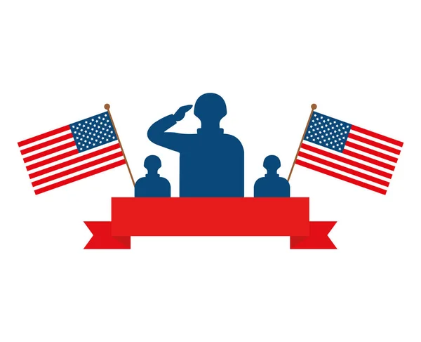 Військові солдати чоловіки з прапорами США на стрічці Векторний дизайн — стоковий вектор