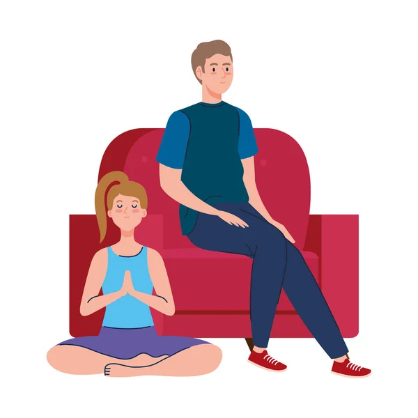 Mujer haciendo yoga y hombre sentado en el diseño del vector del asiento — Vector de stock