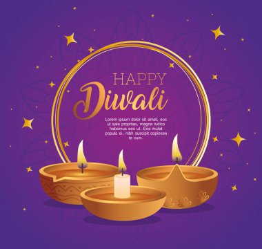 Mutlu diwali çemberleri ve diya mumları vektör tasarımı